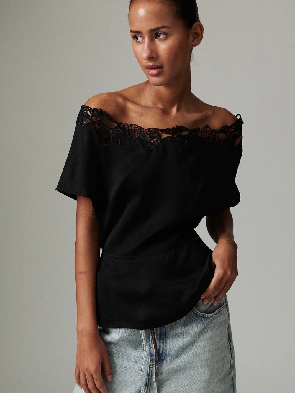 Day Black Off-Shoulder Lace Trim Top